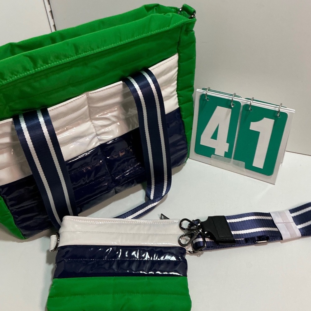 Think Royln Wingman Quilted Tote Bag and Crossbody Set Green Navy White 3451